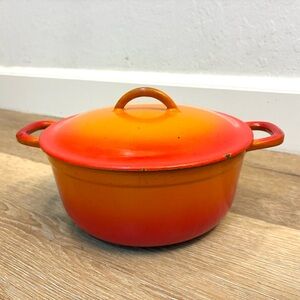Vintage Descoware Belgium Enamel Cast Iron Dutch Oven Orange Red Crack